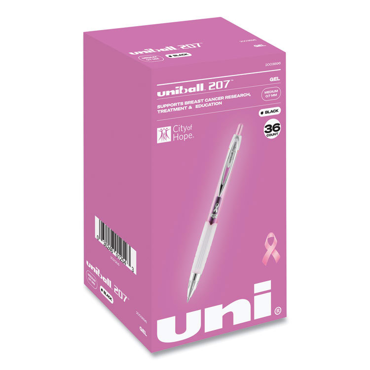 207 Breast Cancer Awareness Gel Pen Office Pack, Retractable, Medium 0.7mm, Black Ink, Translucent Pink/White Barrel, 36/Pack